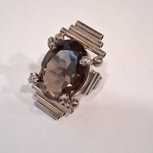 Huge Vintage MCM Smoky Quartz Silver Cocktail Ring Ornate 15g Size 8